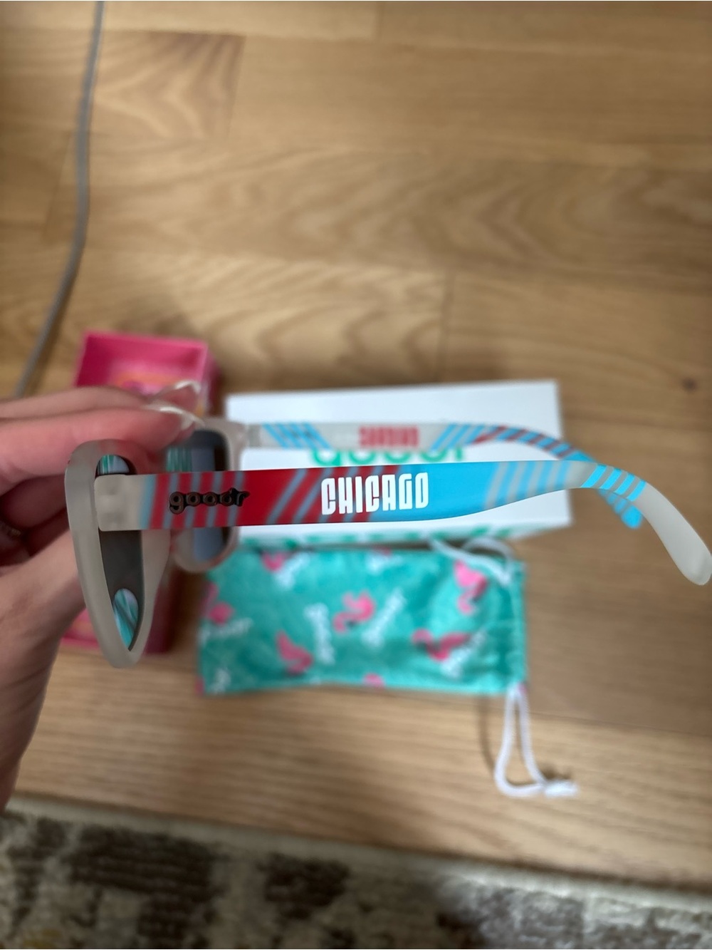 Goodr Sunglasses - Blue Mirror Lenses with Cream & Red Striped Frame - Picture 3 of 3